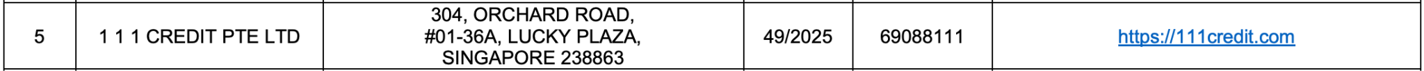 Screengrab of licensed money lender from Ministry of Law's list of licensed moneylenders